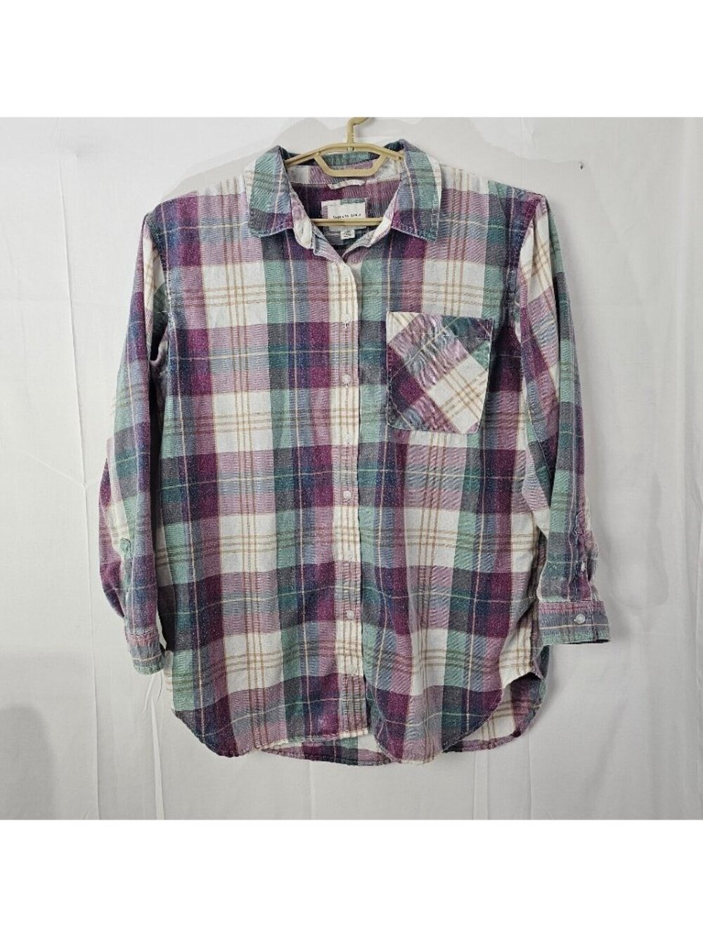 American Eagle Button Up Shirt Women M Purple Plaid Long Sleeve Cotton Blend Top